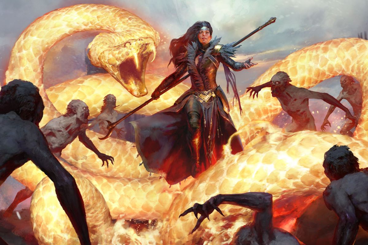 Artwork of the sorcerer from Diablo 4 summoning a fire hydra