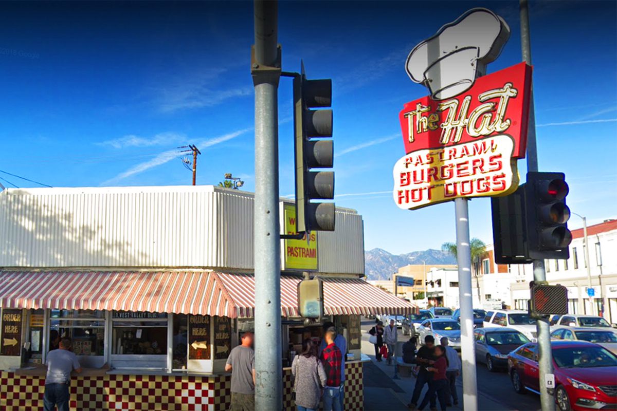 Exterior of the 68-year old, walk up Alhambra, California location of The Hat and its famous pastrami sandwich.