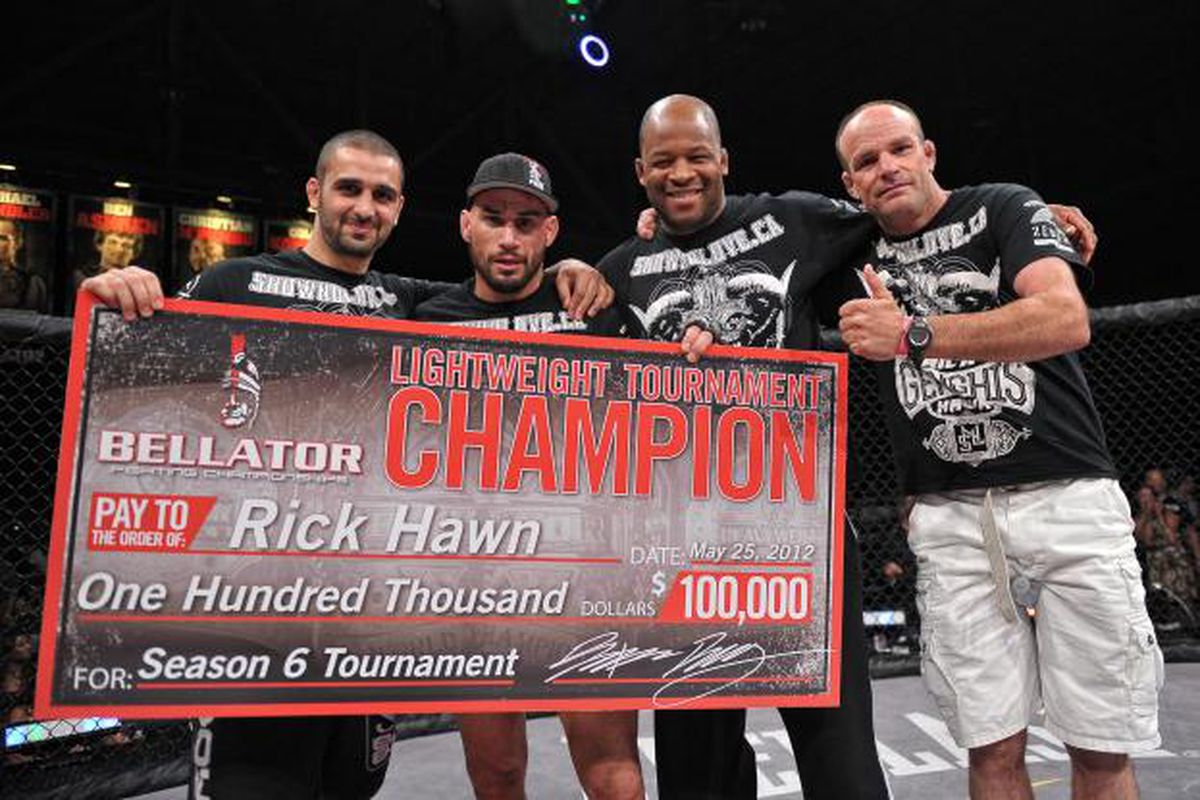 Rick Hawn (second from left) poses with his Tristar coaches after winning the Bellator season six lightweight tournament earlier this past month. Photo via Bellator. 
