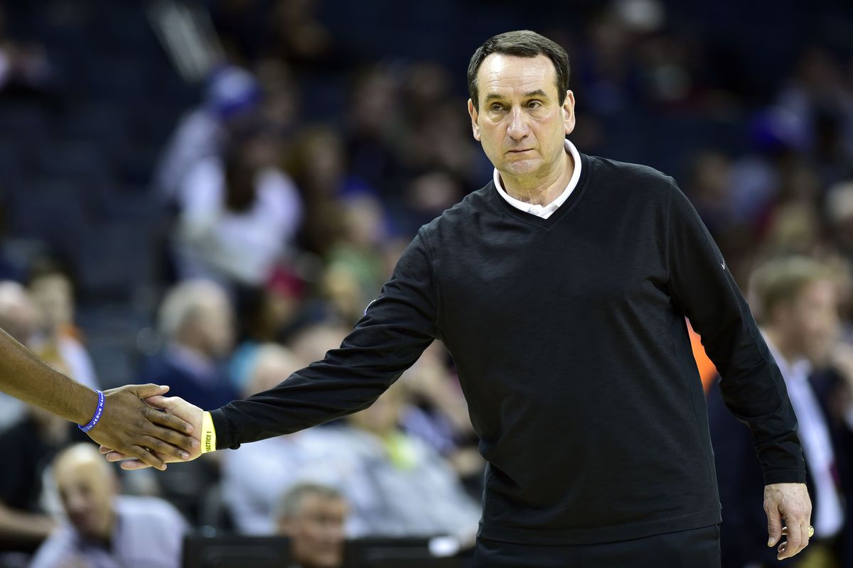 Mar 19, 2015; Charlotte, NC, USA; Duke Blue Devils head coach Mike Krzyzewski during practice before the second round of the 2015 NCAA Tournament at Time Warner Cable Arena.