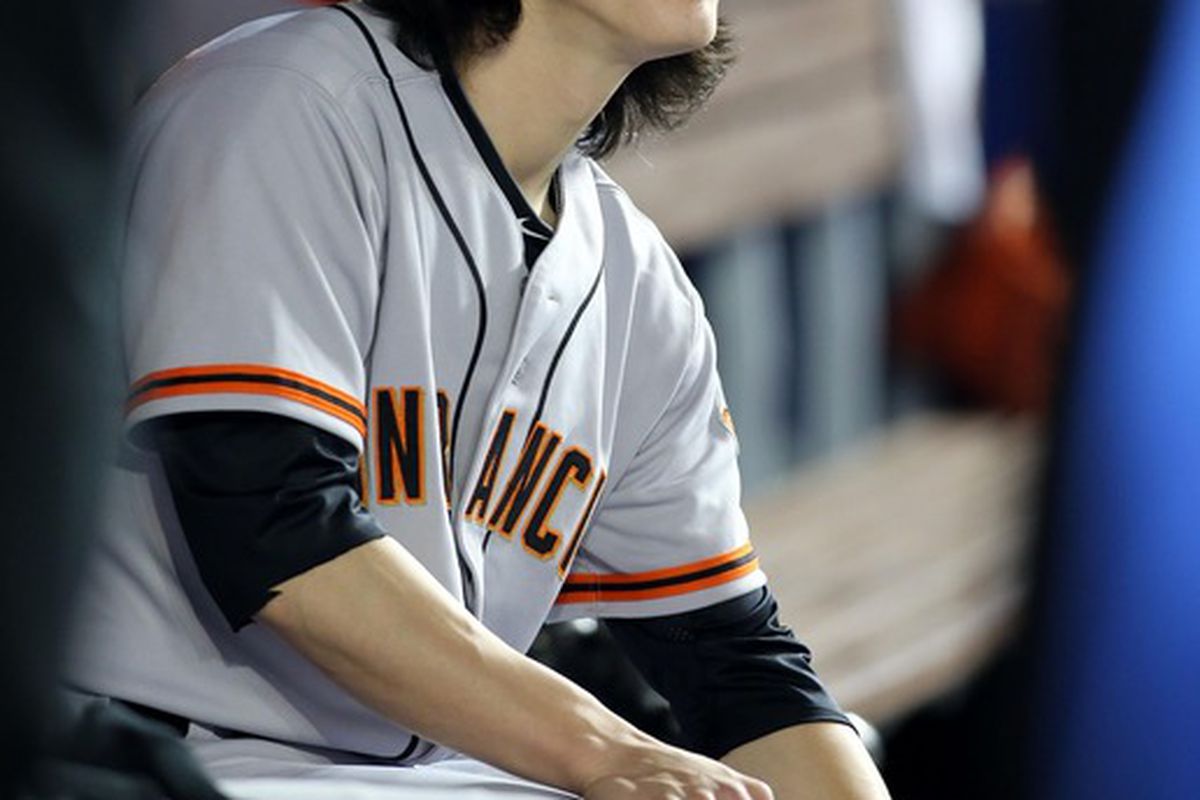 May 26, 2012; Miami, FL, USA; San Francisco Giants starting pitcher Tim Lincecum (55) before a game against the Miami Marlins at Marlins Park. Mandatory Credit: Robert Mayer-US PRESSWIRE