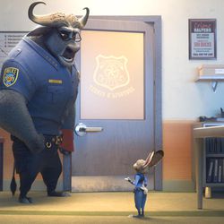 Chief Bogo (voice of Idris Elba) and Judy Hopps (voice of Ginnifer Goodwin) in “Zootopia."