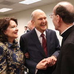 President Russell M. Nelson of The Church of Jesus Christ of Latter-day Saints and his wife Wendy meet Bishop Thomas J. Olmsted, Bishop of the Catholic Dioceses of Phoenix, prior to speaking in Phoenix on Sunday, Feb. 10, 2019.