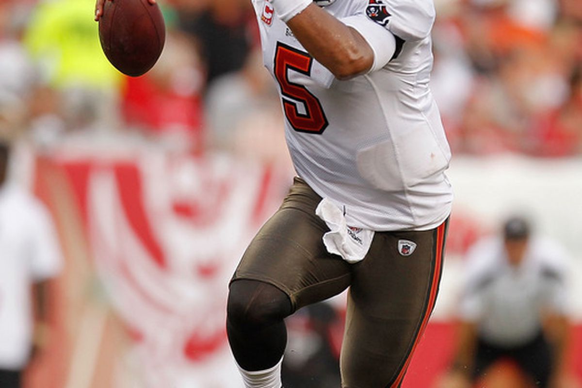 TAMPA, FL - SEPTEMBER 25:  Josh Freeman #5 of the Tampa Bay Buccaneers runs with the ball during a game against the Atlanta Falcons at Raymond James Stadium on September 25, 2011 in Tampa, Florida.  (Photo by Mike Ehrmann/Getty Images)