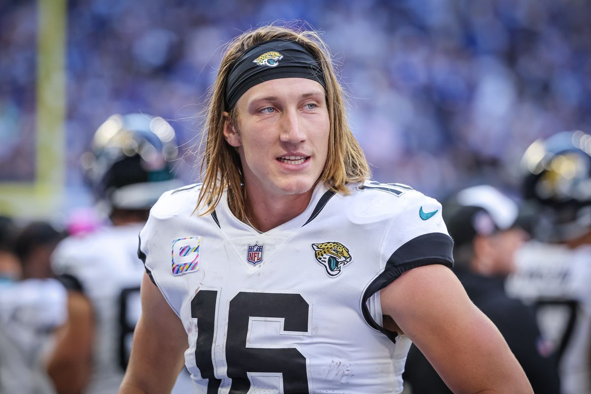 Trevor Lawrence #16 of the Jacksonville Jaguars is seen during the game against the Jacksonville Jaguars at Lucas Oil Stadium on October 16, 2022 in Indianapolis, Indiana.