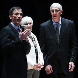John Stockton makes a few remarks as he stands with Jazz owner Gail Miller and former Head Coach Jerry Sloan. Members of the 1997 Western Conference champion team are introduced at halftime in Vivint Smart Home Arena in Salt Lake City on Wednesday, March 22, 2017.
