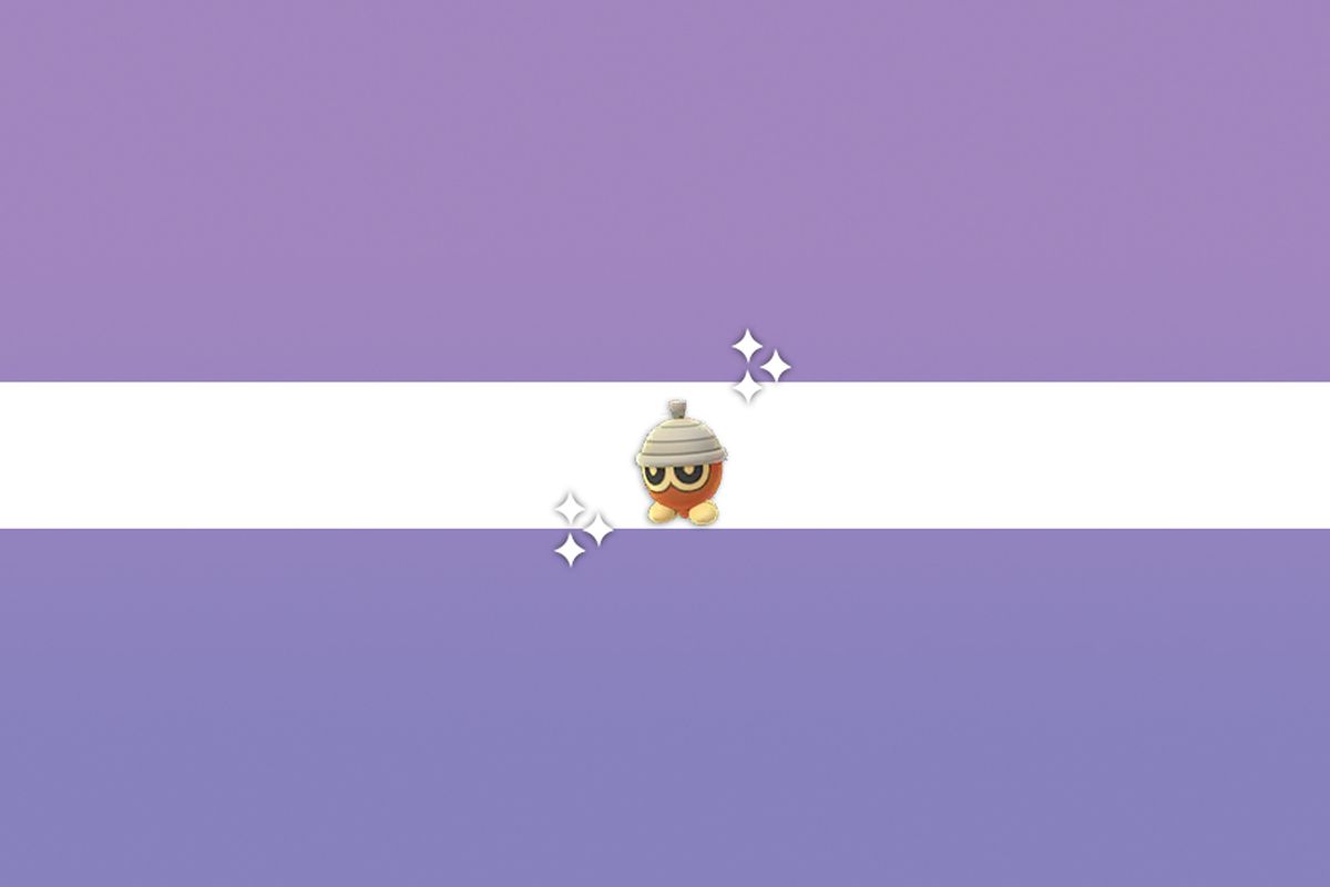 Shiny Seedot on a purple and white background with sparkles