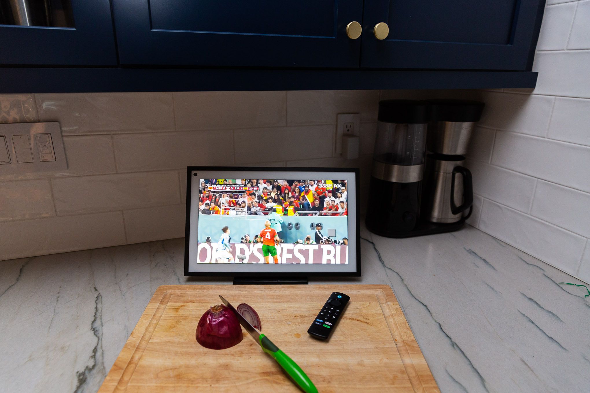 Using a tilt stand (sold separately), I could keep up with the World Cup on YouTubeTV while working in the kitchen.