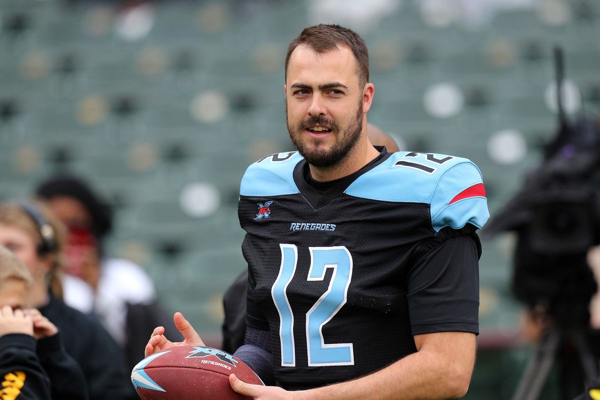 Landry Jones of the Dallas Renegades stands on the sidelines before the XFL football game against the St. Louis Battlehawks on February 09, 2020 in Arlington, Texas.