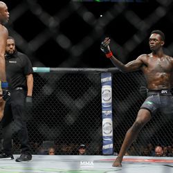 February 9, 2019 — Israel Adesanya, just promoted to the main event that morning, gives a nod to Naruto’s Rock Lee in his fight against Anderson Silva.