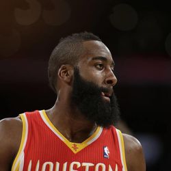 Houston Rockets' James Harden during the first half of an NBA basketball game against the Los Angeles Lakers in Los Angeles, Wednesday, April 17, 2013. (AP Photo/Jae C. Hong)