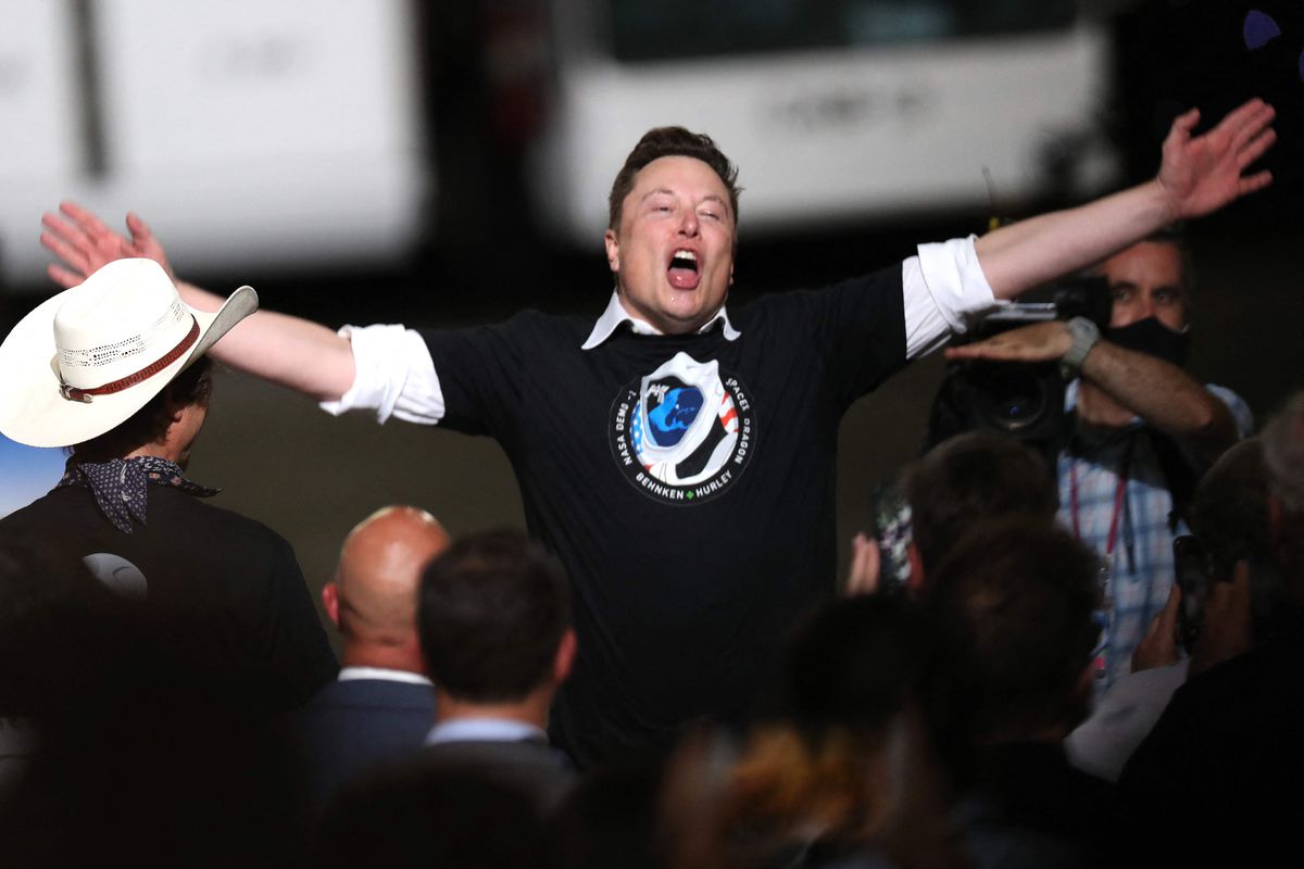 Spacex founder Elon Musk celebrates after the successful launch of the SpaceX Falcon 9 rocket with the manned Crew Dragon spacecraft at the Kennedy Space Center in Cape Canaveral, Florida, in 2020.