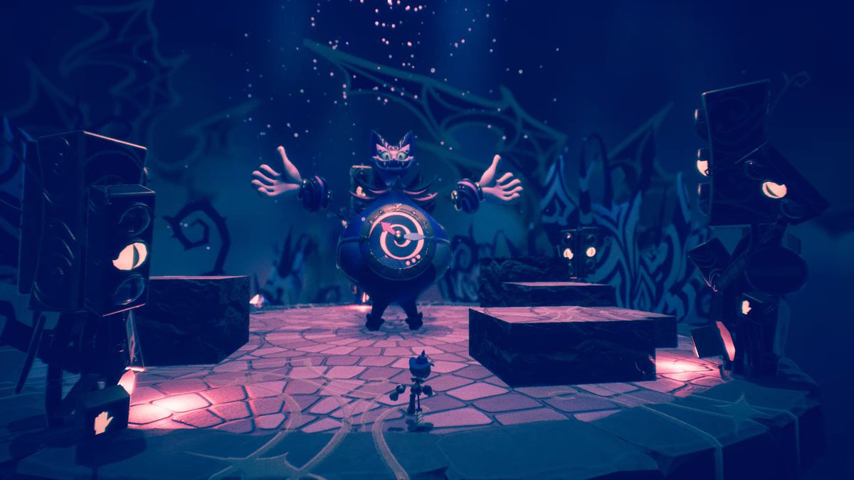 A character faces the Cheshire Cat in a mech suit in a screenshot from Balan Wonderworld