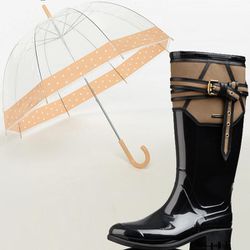 <b>Burberry</b> Belted Leather Detail Rain Boot, <a href="http://us.burberry.com/store/womens-accessories/shoes/weather-boots/prod-38547911-belted-leather-detail-rain-boots/?search=true">$425</a> + <b>Urban Outfitters</b> Printed Bubble Umbrella, <a href=