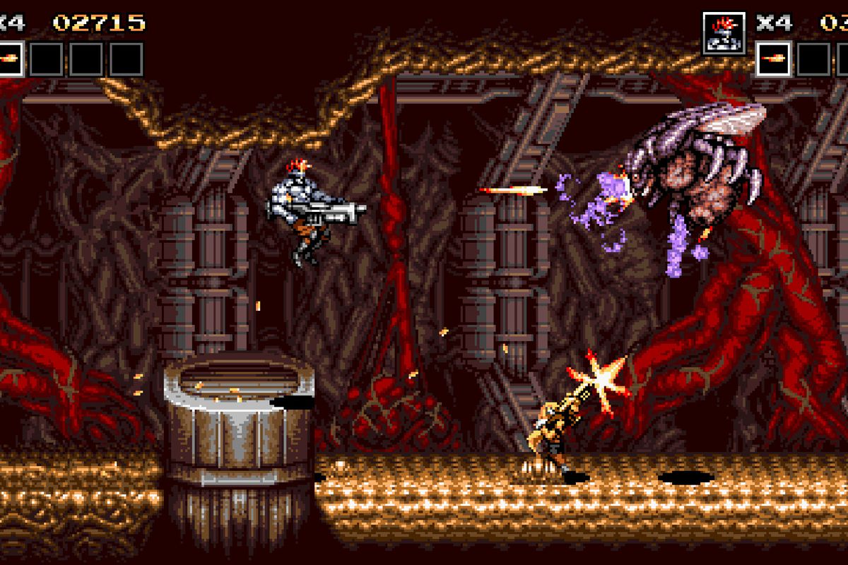 Characters Doyle and Mavra shoot an alien in a screenshot from Blazing Chrome