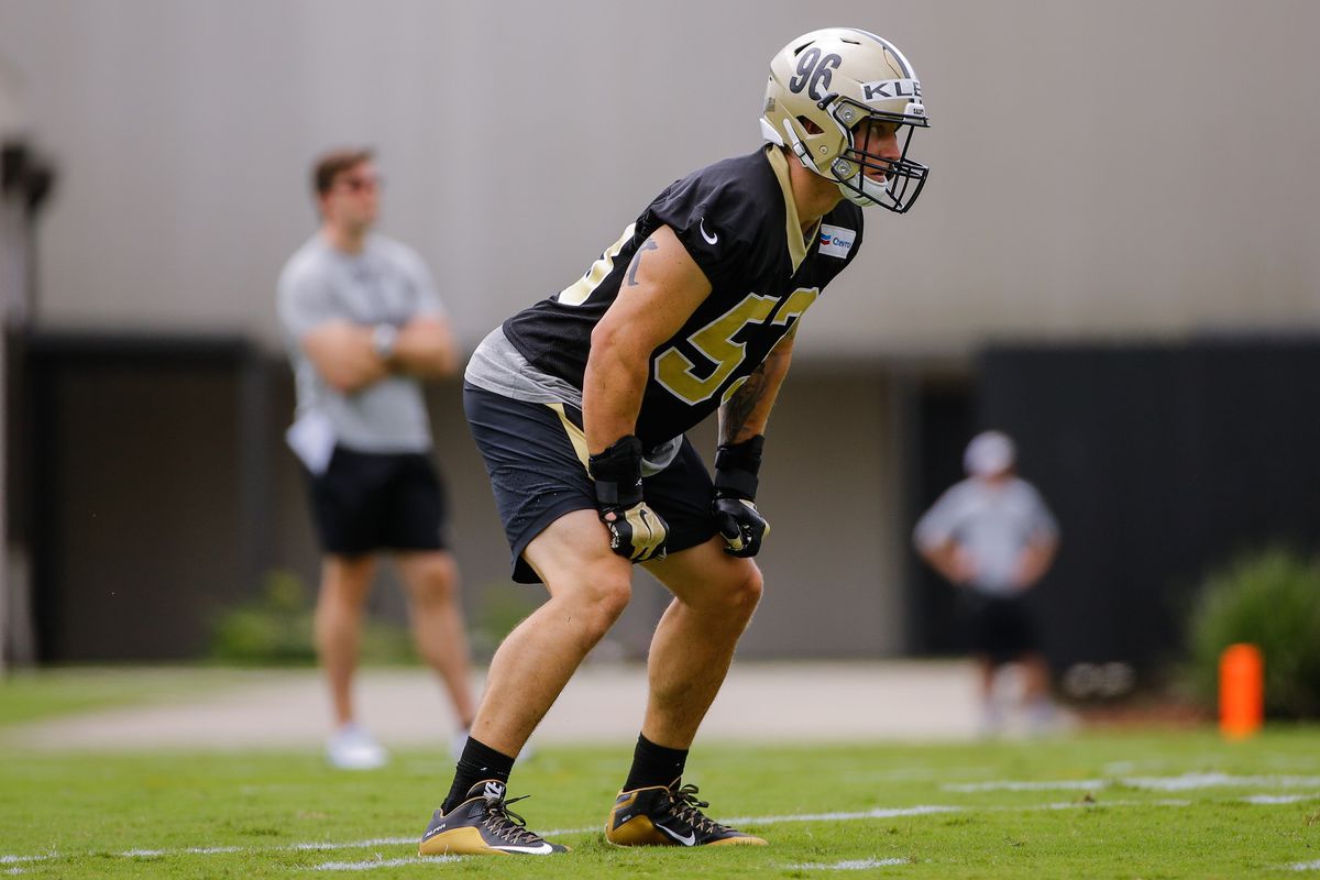 NEW ORLEANS, LA: New Orleans Saints linebacker A.J. Klein (53) surveys the field during a summer minicamp practice session at the New Orleans Saints Metairie training facility.