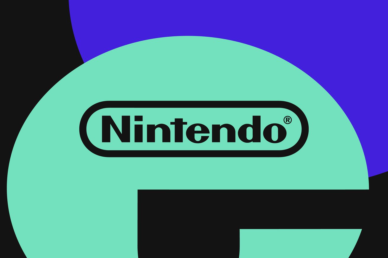 Nintendo’s logo in a green circle with black and purple shapes around it
