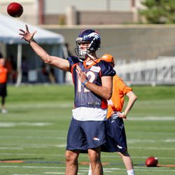 Paxton Lynch warming up before the start of the first day of Denver Broncos training camp. 