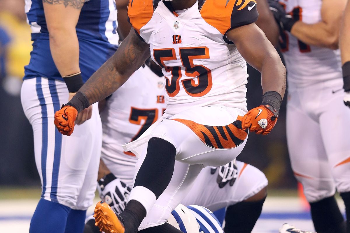 INDIANAPOLIS, IN - AUGUST 30:  Vontaze Burfict #55 of the Cincinnati Bengals celebrates a sack during the game against the Indianapolis Colts at Lucas Oil Stadium on August 30, 2012 in Indianapolis, Indiana.  (Photo by Andy Lyons/Getty Images)