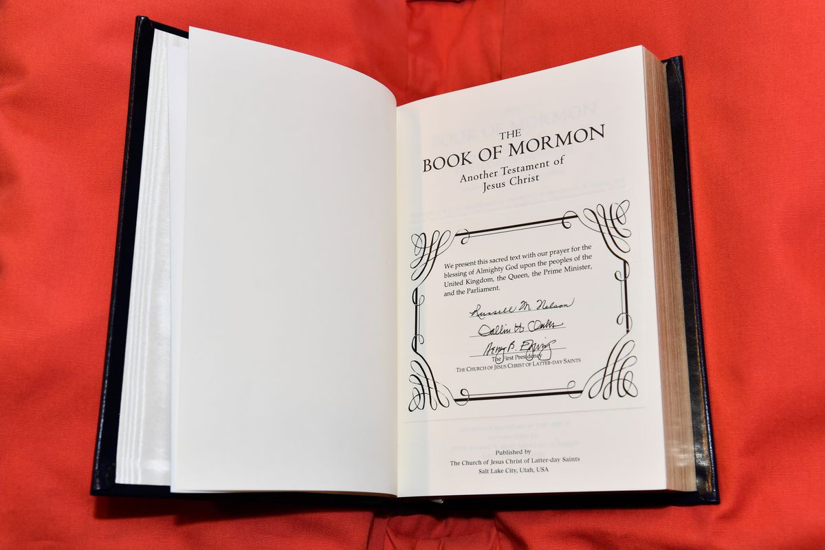 The First Presidency of The Church of Jesus Christ of Latter-day Saints provided a signed inscription inside a gift copy of the Book of Mormon presented by Elder Jeffrey R. Holland of the Quorum of the Twelve Apostles to the British House of Commons  at t