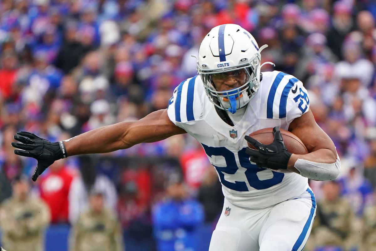 Jonathan Taylor #28 of the Indianapolis Colts during the game against the Buffalo Bills at Highmark Stadium on November 21, 2021 in Orchard Park, New York.