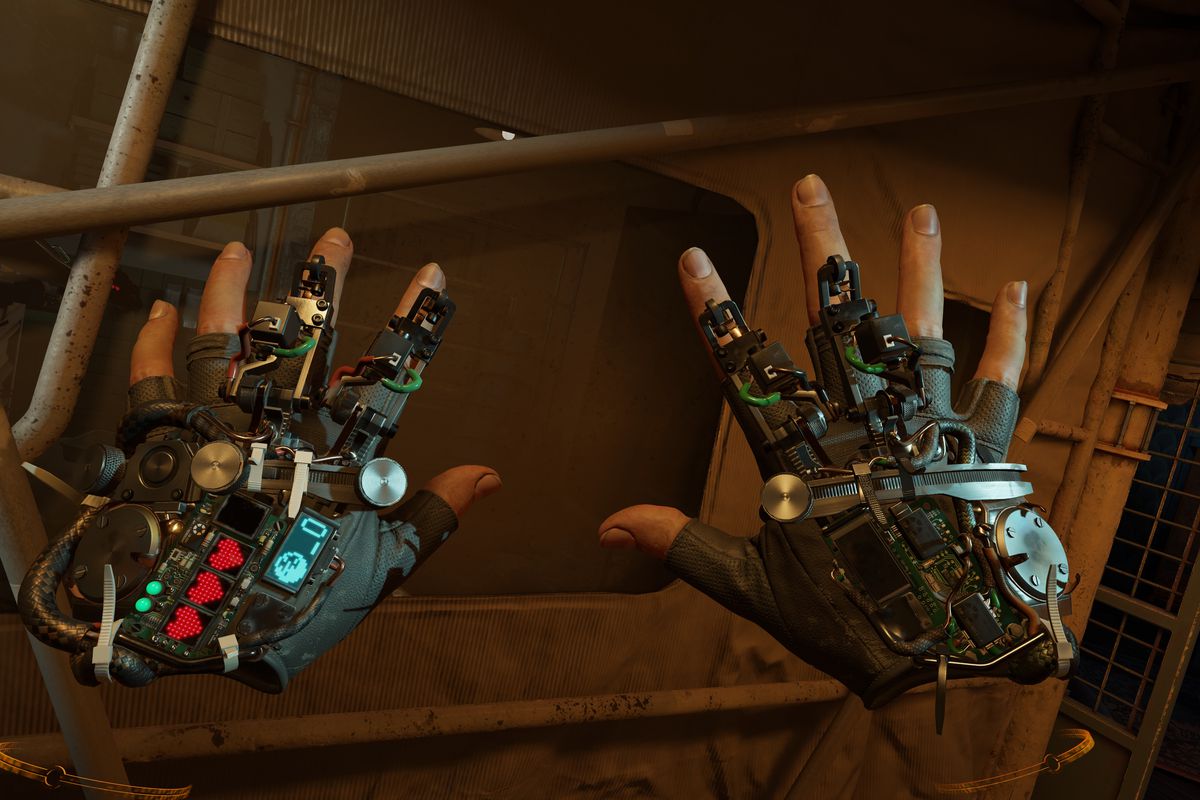 A first-person view of hands wearing Gravity Gloves in a screenshot from Half-Life: Alyx.