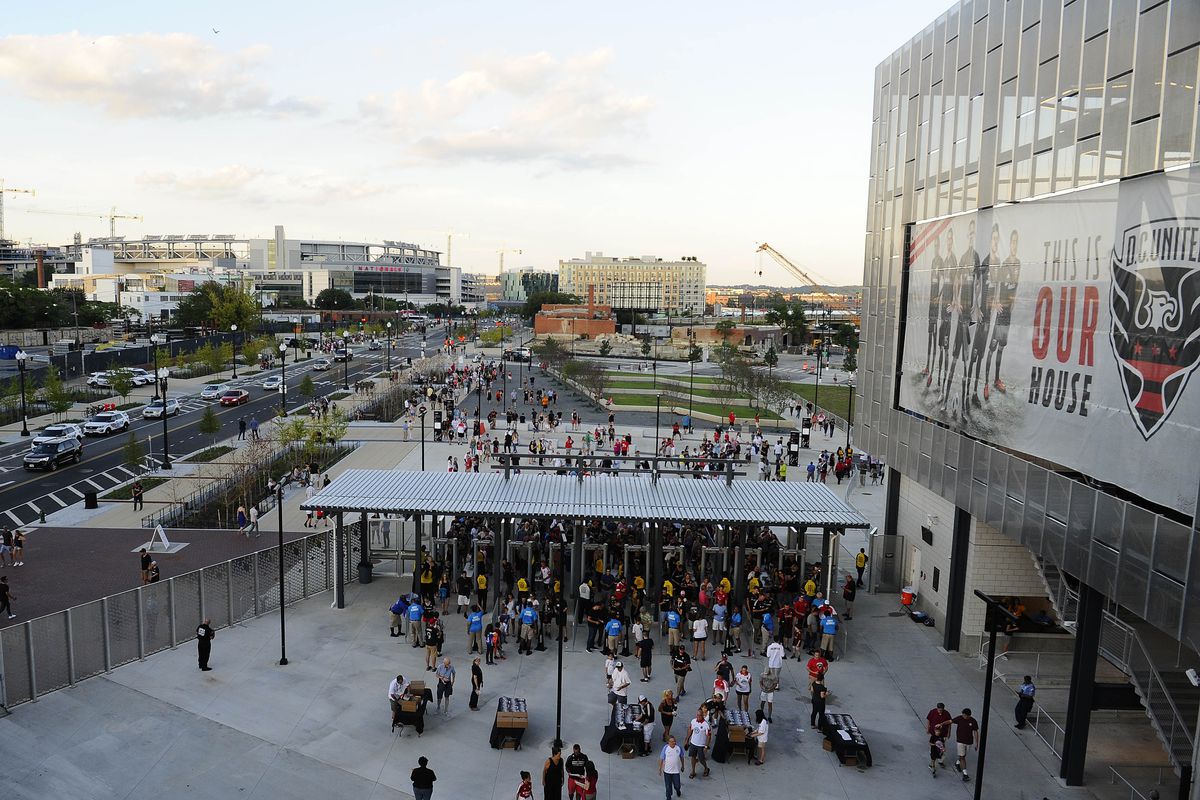 General view looking towards Nationals Park as fans enter Audi Field before the game between the D.C. United and the Atlanta United.
