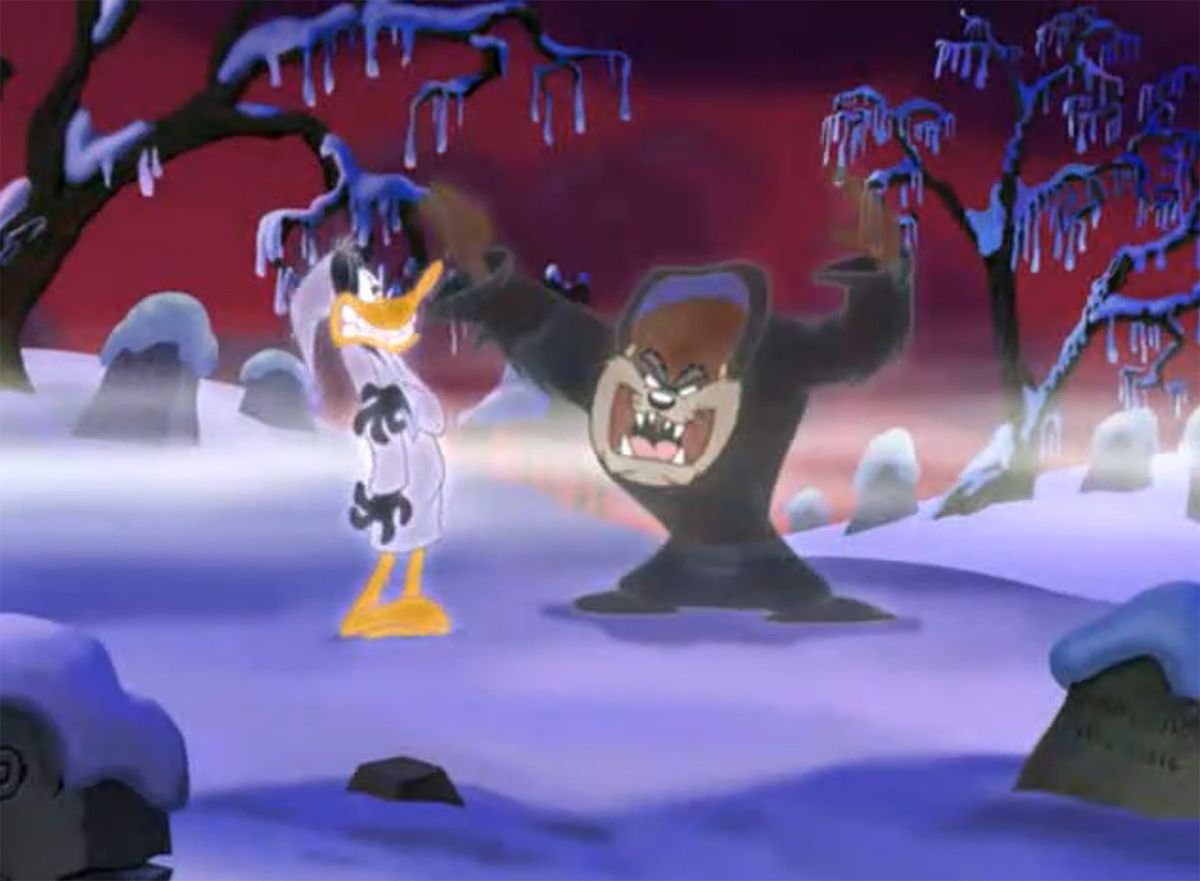 Taz emerges from the Christmas Future robes to scare Daffy Duck while the two stand in the snowy forest in Bah, Humduck! A Looney Tunes Christmas (2006) 