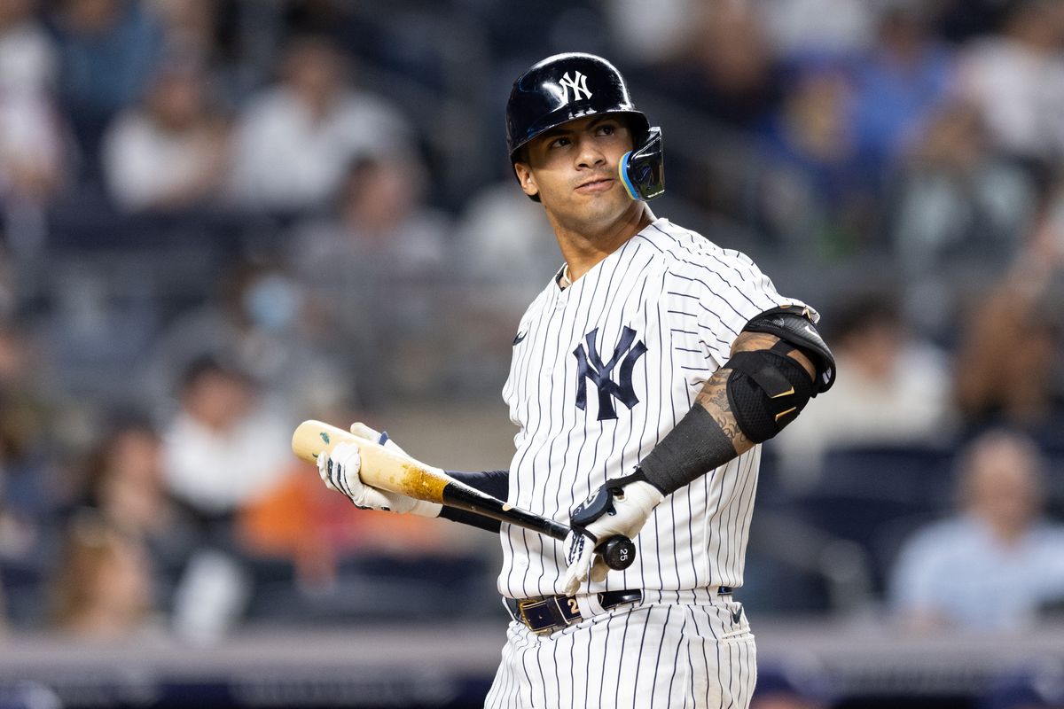 Gleyber Torres #25 of the New York Yankees at bat during the eighth inning of the game against the Tampa Bay Rays at Yankee Stadium