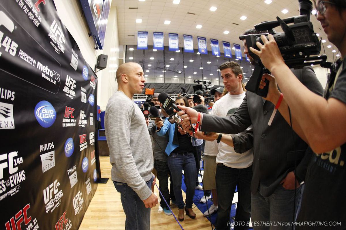 UFC Welterweight champion Georges St. Pierre answers questions for the media today (April 19. 2012) at the UFC 145 open workouts in Atlanta, Ga., Photo by Esther Lin via MMA Fighting.