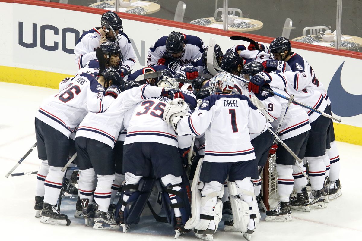The UConn men's hockey team huddles up before their game against Northeastern at the XL Center in Hartford, CT  on November 28, 2017.