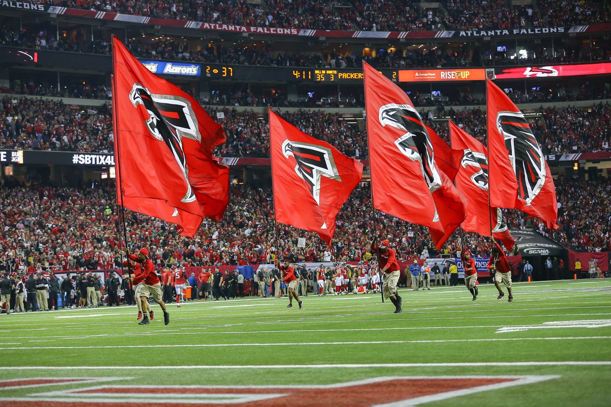 Atlanta Falcons flags in the Georgia Dome. 