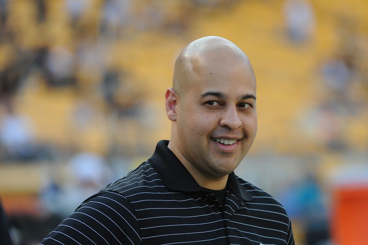 Director of Football &amp; Business Operations Omar Khan of the Pittsburgh Steelers looks on from the sideline before a preseason game against the Kansas City Chiefs at Heinz Field on August 24, 2013 in Pittsburgh, Pennsylvania. The Chiefs defeated the Steelers 26-20.