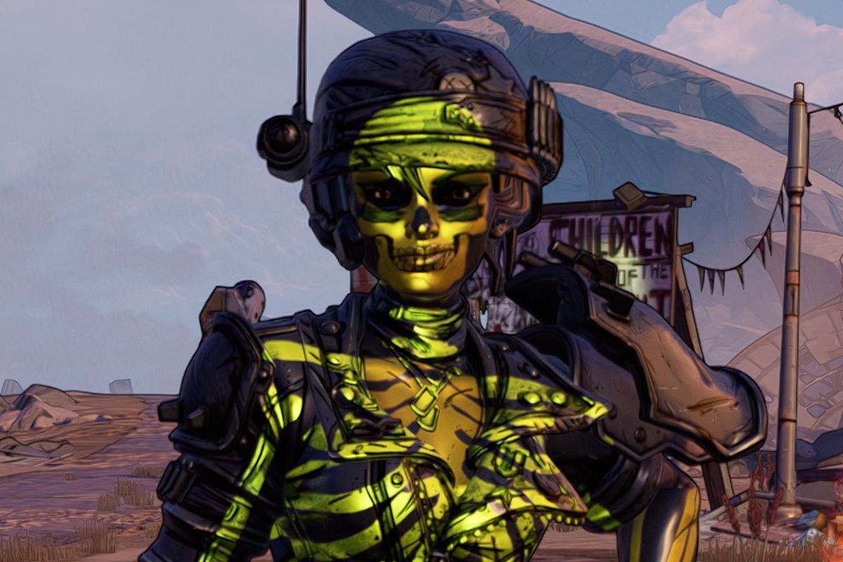 Moze poses on the Borderlands 3 title screen