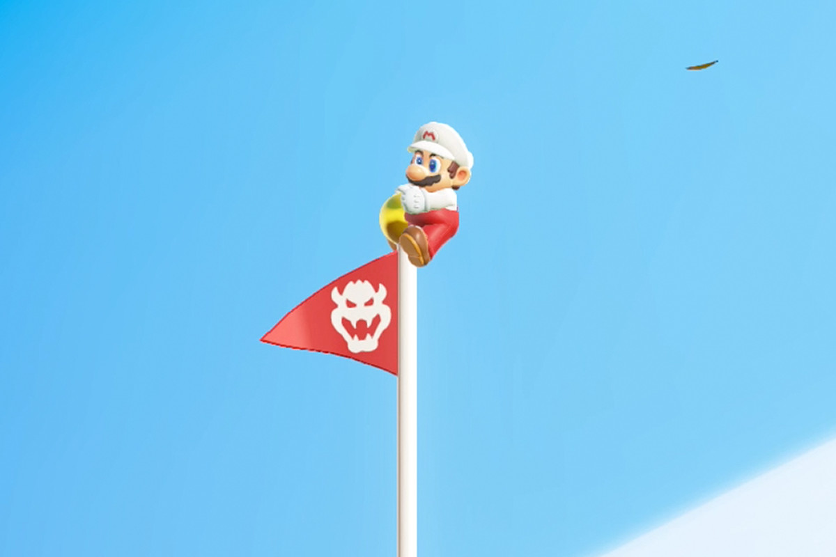 Super Mario Bros. Wonder Mario on an extra tall flagpole that leads to a secret exit.