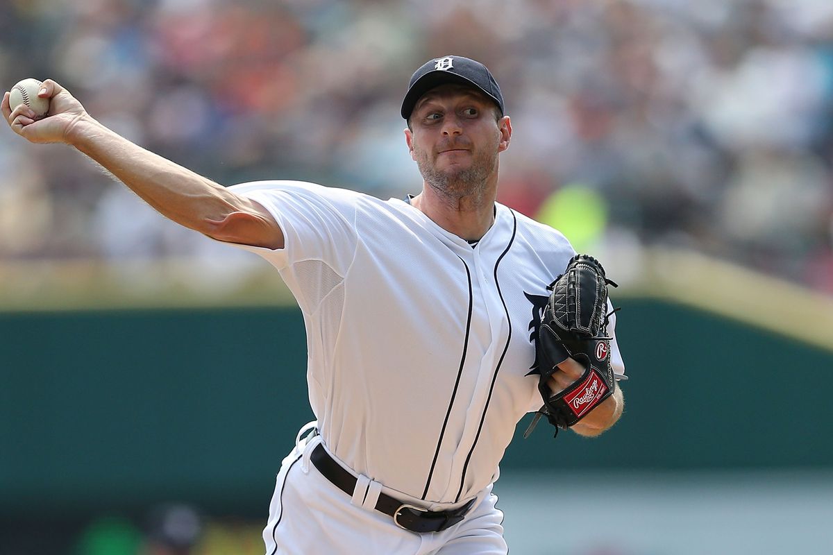 DETROIT, MI - AUGUST 26: Max Scherzer #37 of the Detroit Tigers pitches in the first inning of the game against the Los Angeles Angels of Anaheim at Comerica Park on August 26, 2012 in Detroit, Michigan.  (Photo by Leon Halip/Getty Images)