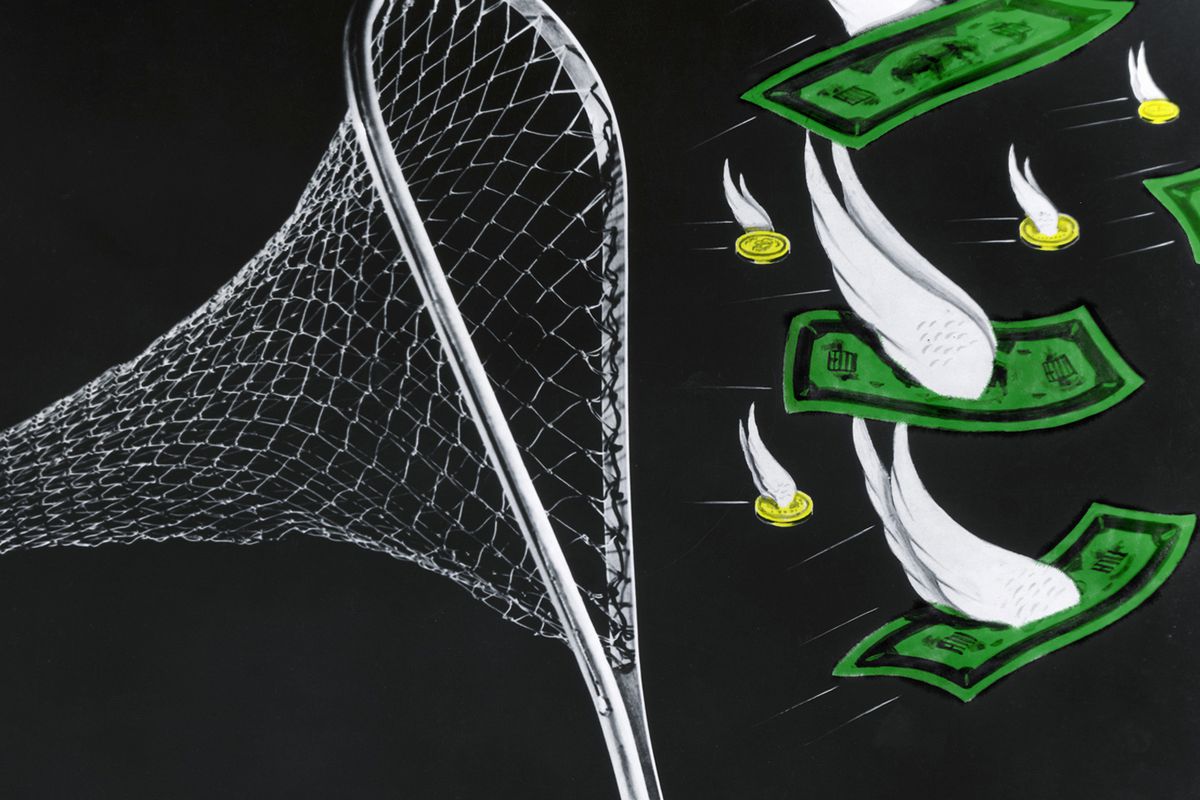 Illustration of green dollar bills with wings escaping a butterfly net.