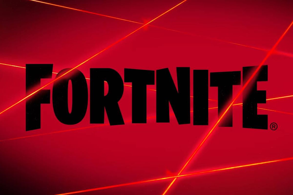 Black Fortnite logo on a red background overlaid with lasers as part of a “heist” theme for Chapter 4 Season 4
