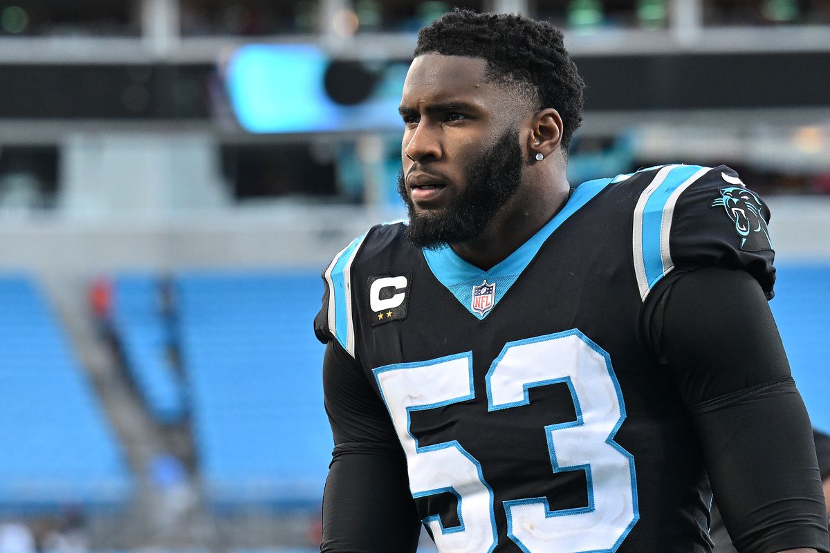 Brian Burns #53 of the Carolina Panthers leaves the field after their game against the Denver Broncos at Bank of America Stadium on November 27, 2022 in Charlotte, North Carolina.