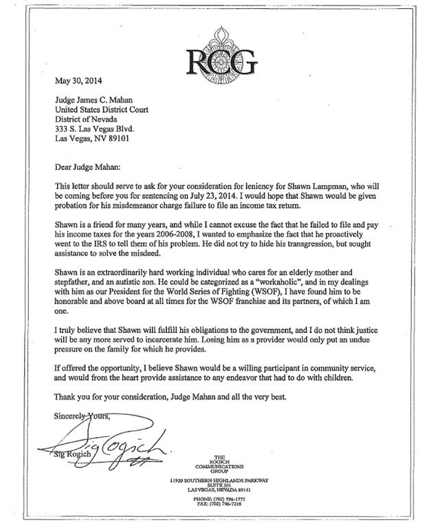 Gift - WSOF - 1 - Rogich Support Letter for Lampman