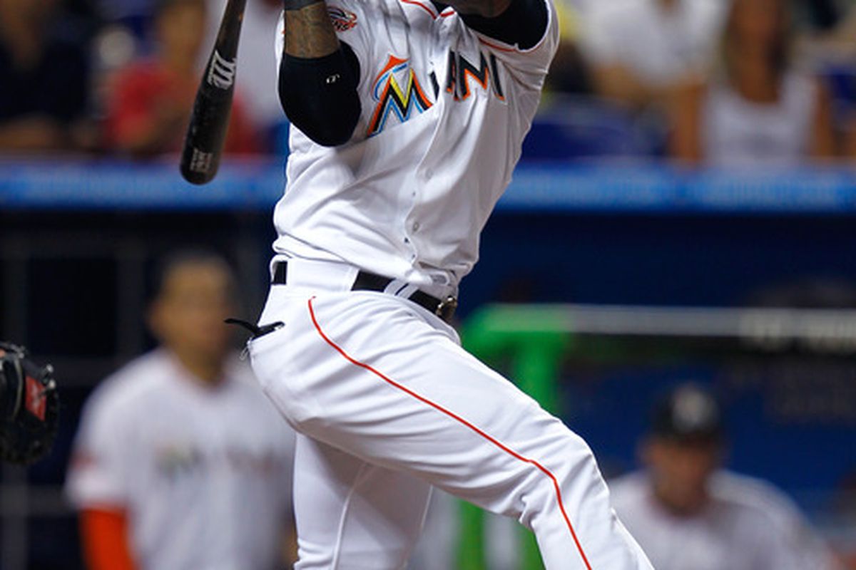 MIAMI, FL - JUNE 27: Jose Reyes #7 of the Miami Marlins hits during a game against the St. Louis Cardinals at Marlins Park on June 27, 2012 in Miami, Florida. The Marlins defeated the Cardinals 5-3. (Photo by Sarah Glenn/Getty Images)