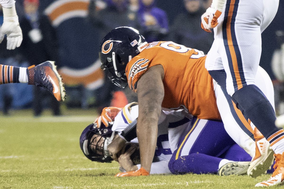 Chicago Bears defensive end Akiem Hicks (96) sacked Minnesota Vikings quarterback Kirk Cousins (8) in the forth quarter at Soldier Field Sunday November 18, 2018 in Chicago IL.] The Chicago Bears hosted the Minnesota Vikings at Soldier Field . Jerry Holt