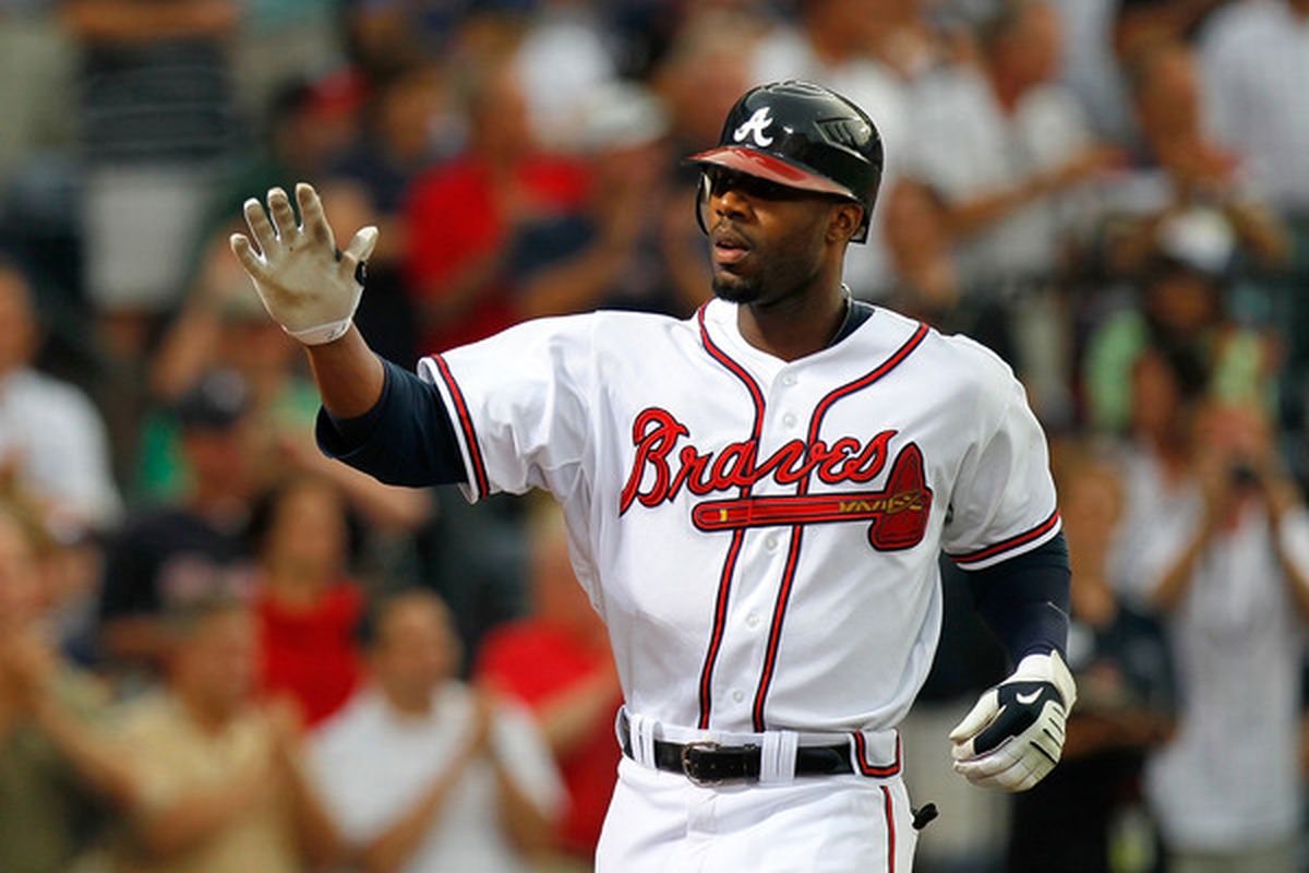 ATLANTA - JUNE 17:  Jason Heyward #22 of the Atlanta Braves celebrates after hitting a solo homer in the fourth inning against the Tampa Bay Rays at Turner Field on June 17, 2010 in Atlanta, Georgia.  (Photo by Kevin C. Cox/Getty Images)
