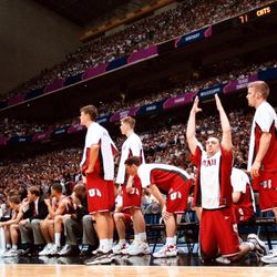 University of Utah's bench watches in the closing minutes of the 1998 NCAA Championship basketball game in San Antonio against Kentucky.