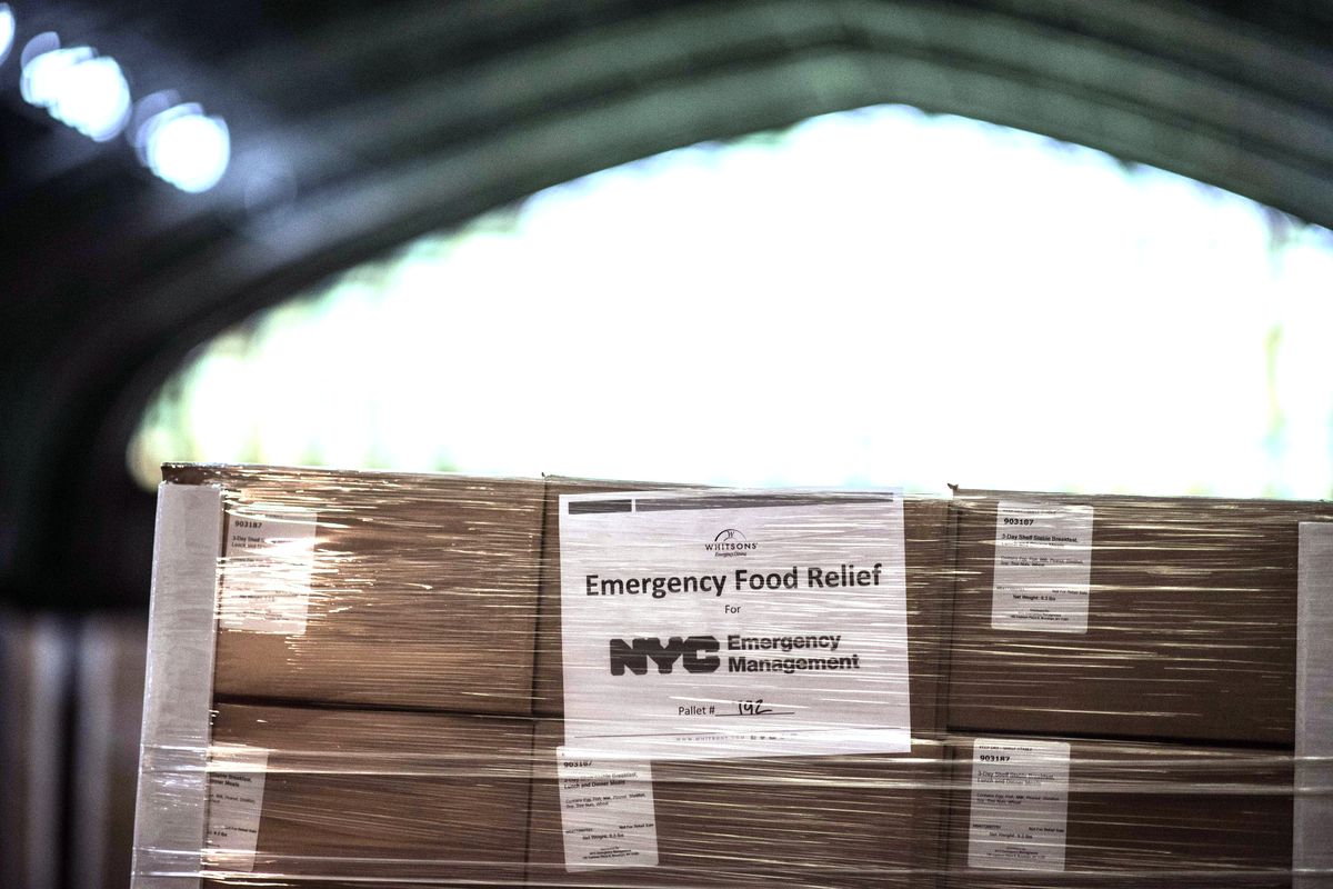 Boxes of food at the Kingsbridge Armory, April 18, 2020.