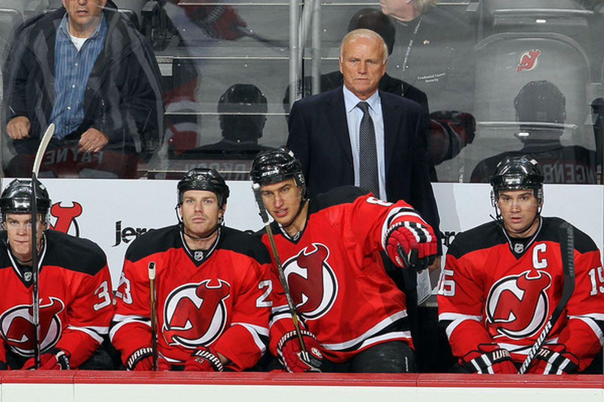 Jamie Langenbrunner's facial expression in this picture may b the same one from when he heard that Jacques Lemaire was selected by Lou Lamoriello to be the interim head coach for the rest of this season.  (Photo by Jim McIsaac/Getty Images)