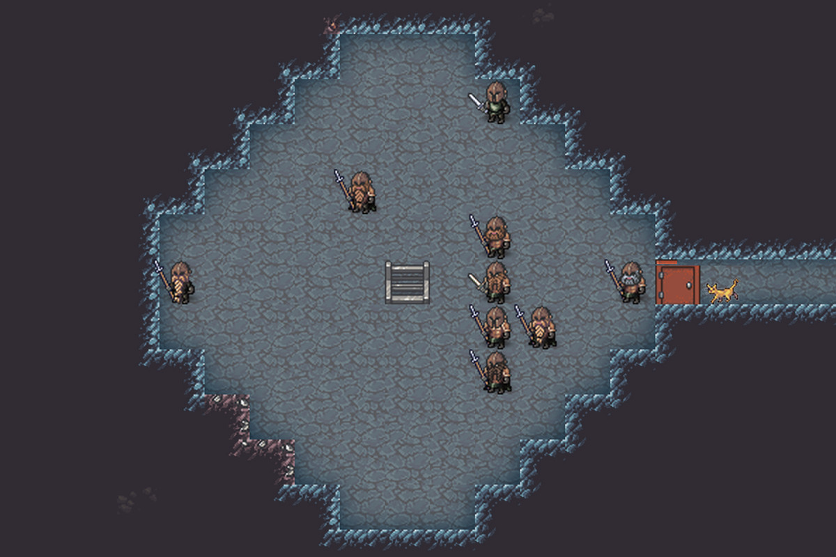 A barracks in Dwarf Fortress with a squad of dwarves military standing around doing nothing inside.