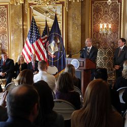 Paul Edwards speaks after being appointed as the governor's deputy chief of staff with special responsibility for policy and strategic communications during an event at the Capitol in Salt Lake City on Thursday, Nov. 10, 2016. At right is Gov. Gary Herbert.