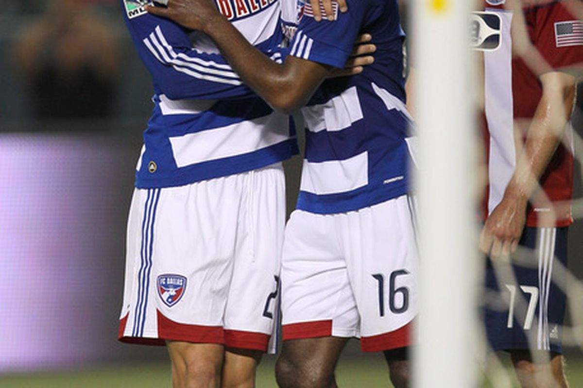 CARSON, CA - JUNE 26: Brek Shea #20 and Atiba Harris #16 of FC Dallas celebrate a goal in the first half against Chivas USA on June 26, 2010 at the Home Depot Center in Carson, California. (Photo by Stephen Dunn/Getty Images)
