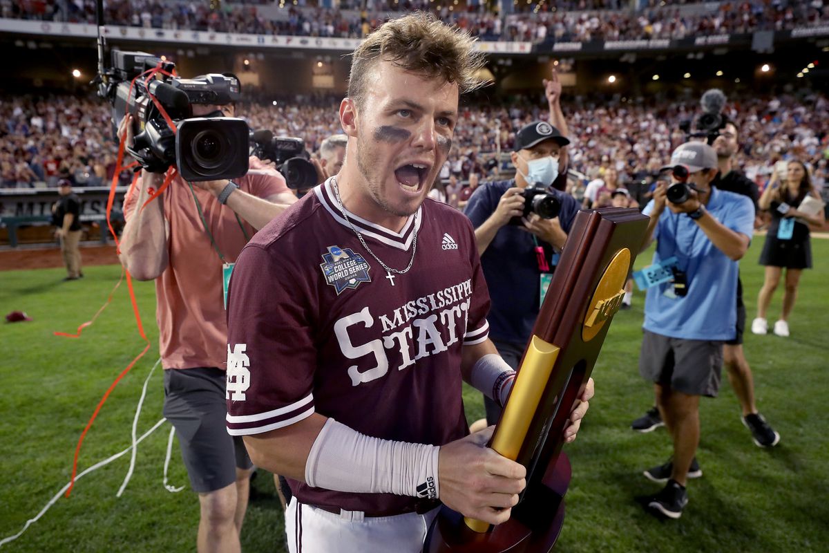 Tanner Allen #5 of the Mississippi St. celebrates with the championship trophy after Mississippi St. beat Vanderbilt 9-0 during game three of the College World Series Championship at TD Ameritrade Park Omaha on June 30, 2021 in Omaha, Nebraska.